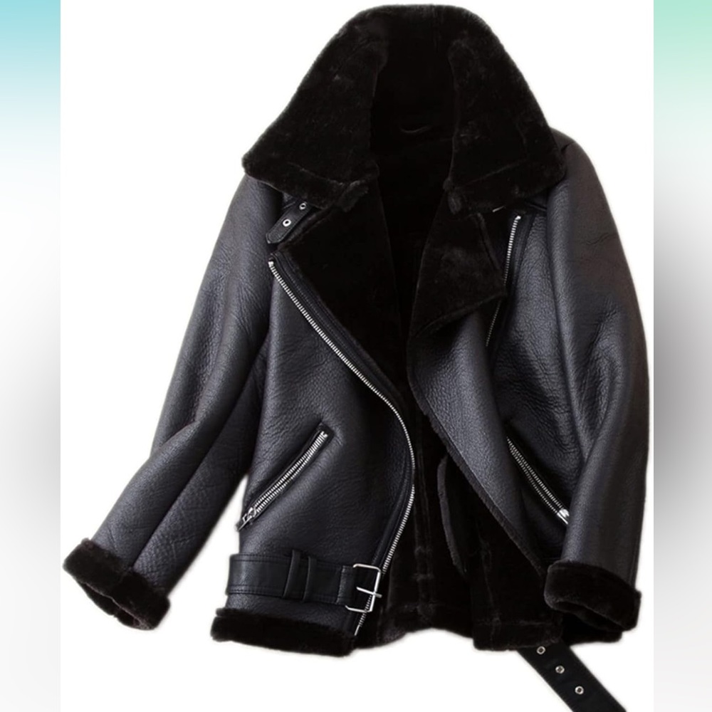 Zara Oversized Fit Motorcycle Shearling Jacket Size S